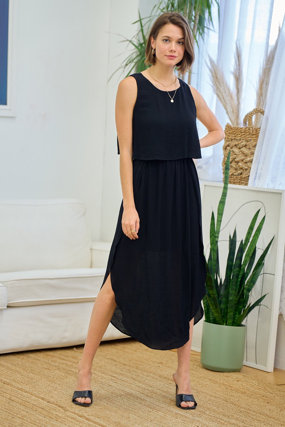 Cocktail Dresses Sleeveless Linen Layered Bodies Tulip Hem Midi Dress Black