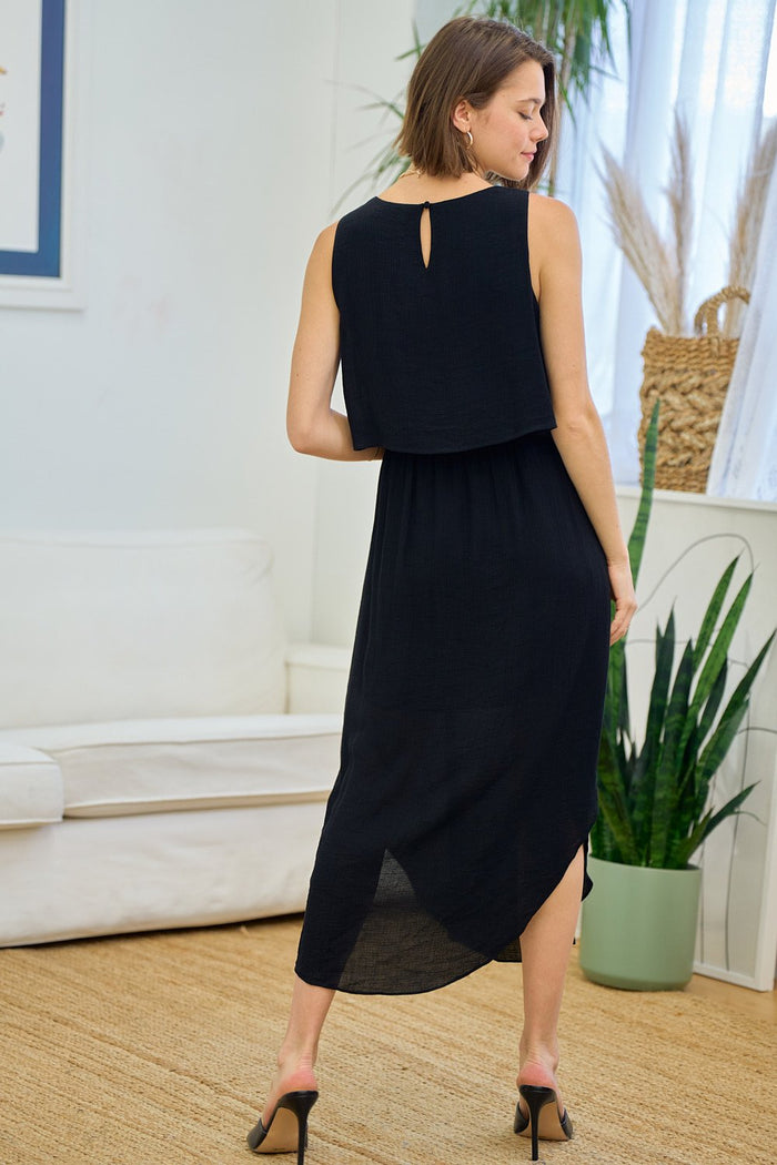 Cocktail Dresses Sleeveless Linen Layered Bodies Tulip Hem Midi Dress Black