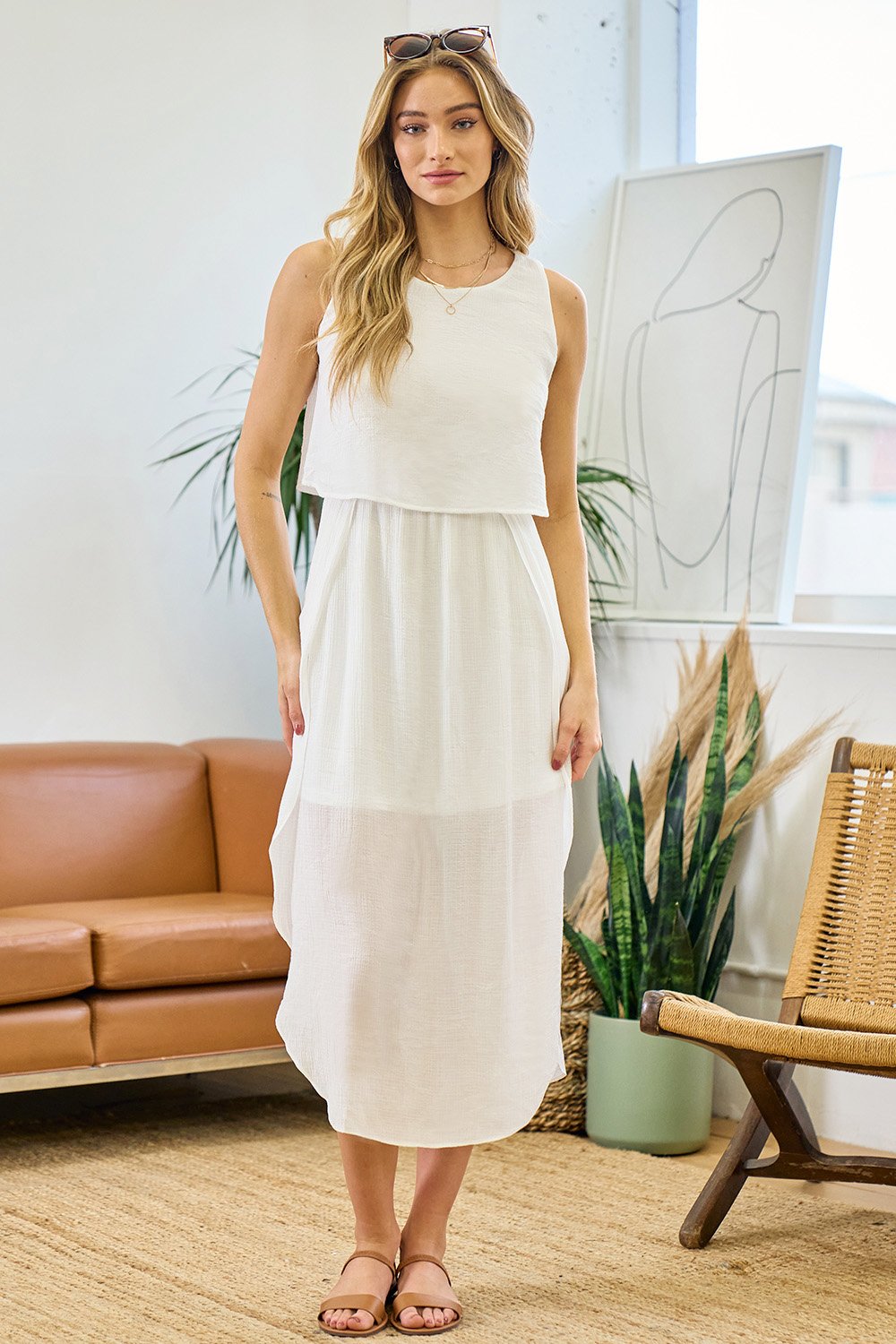 Sleeveless Linen Layered Bodies Tulip Hem Midi Dress