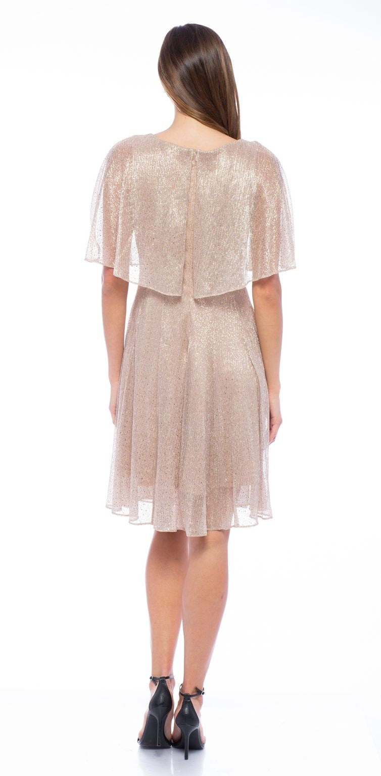 Marina  Short Metallic Capelet Mesh Dress