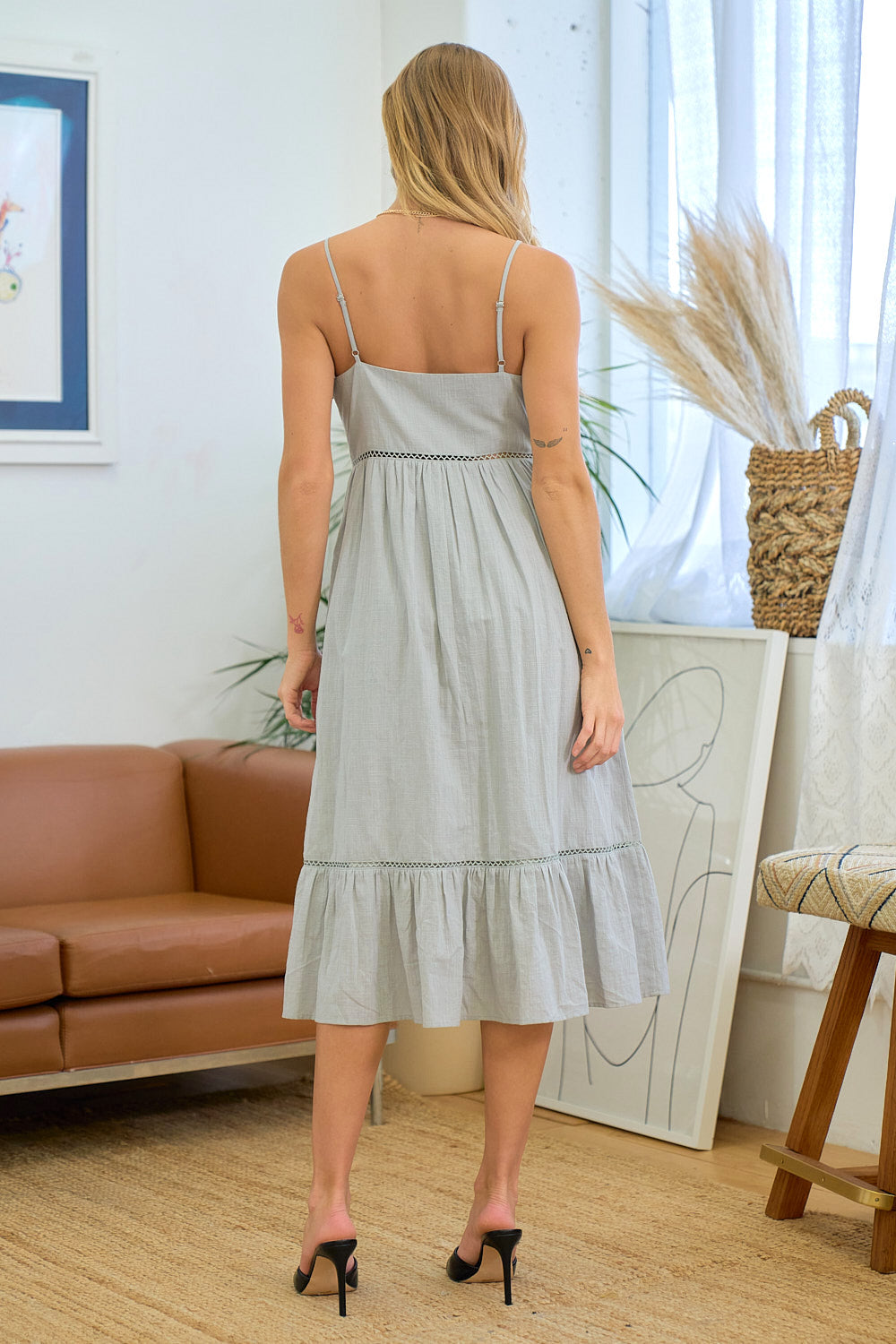 Cocktail Dresses V Neck Spaghetti Strap Midi Length Dress Lt. Grey