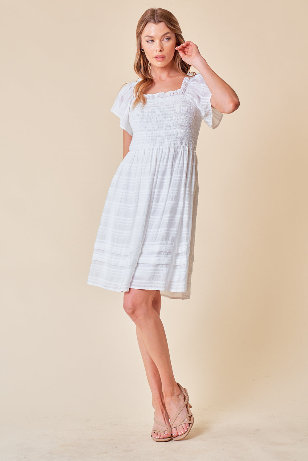 Cocktail Dresses Short Sleeve Mocked Bodice Dress Off White
