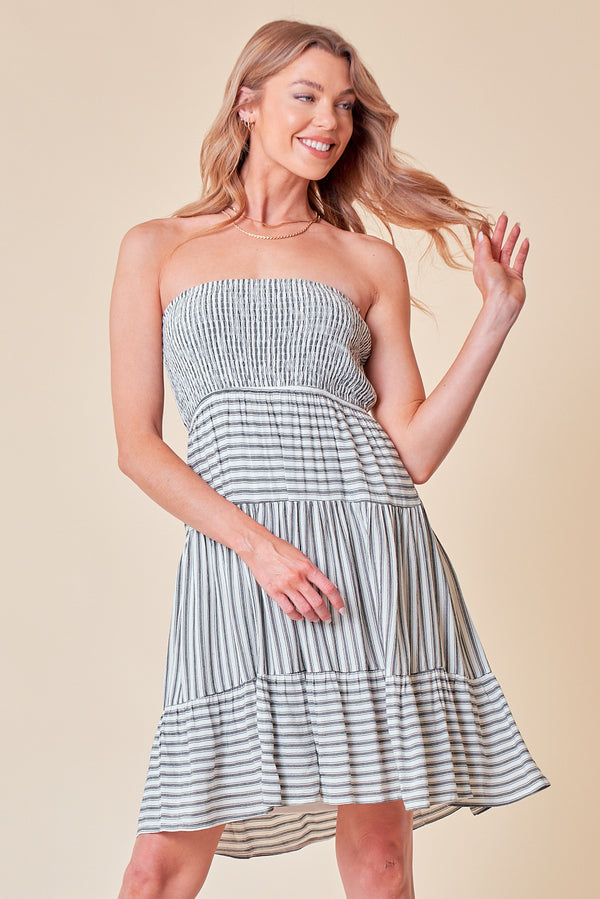 Short Strapless Stripe Smocked Dress