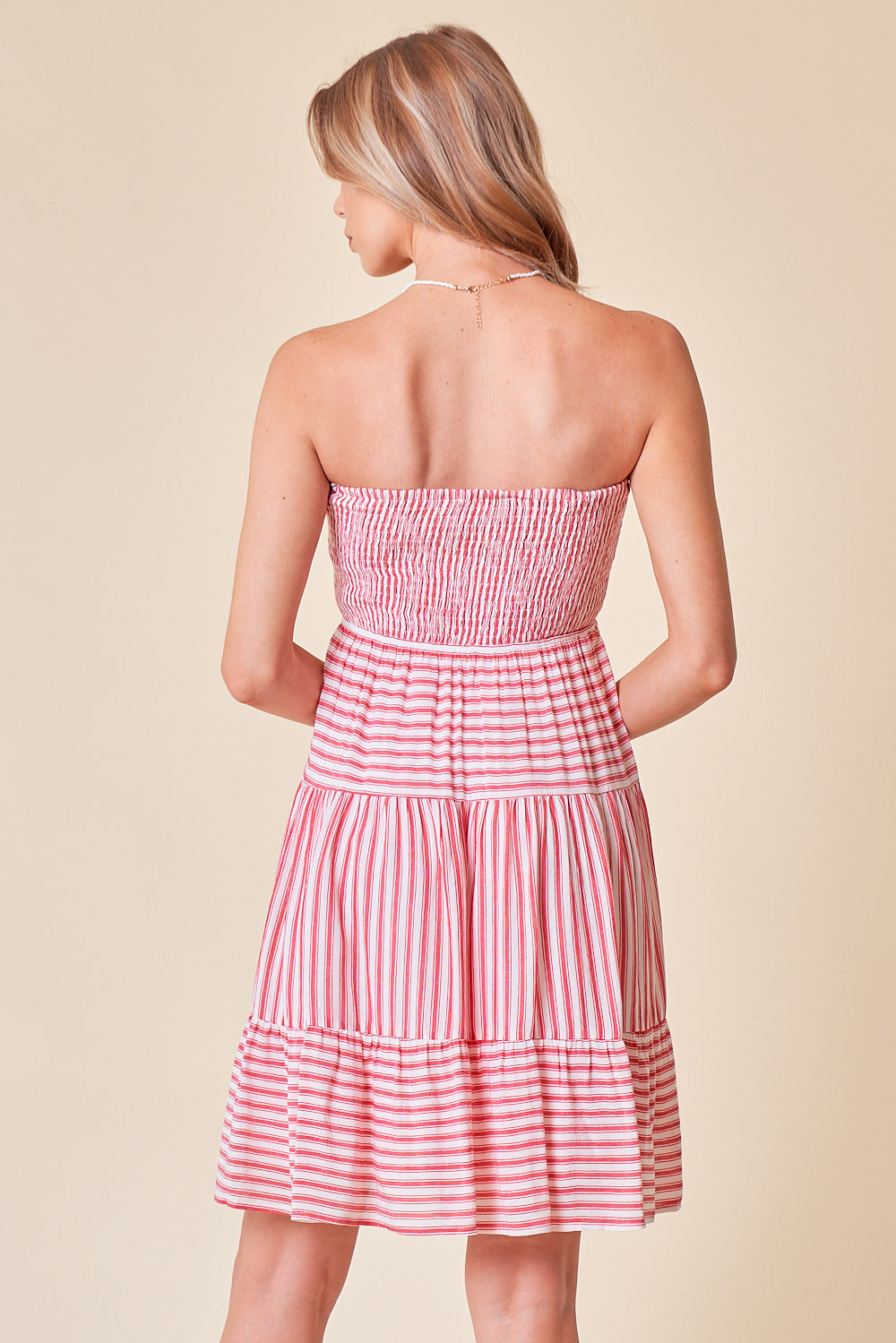 Cocktail Dresses Short Strapless Stripe Smocked Dress Red