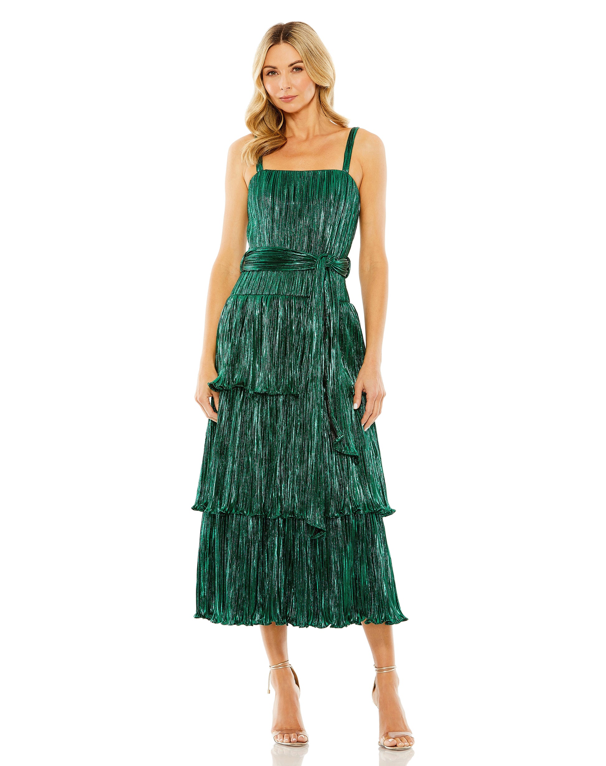 Mac Duggal 27062 A Line Pleated Metallic Tea Length Cocktail Dress