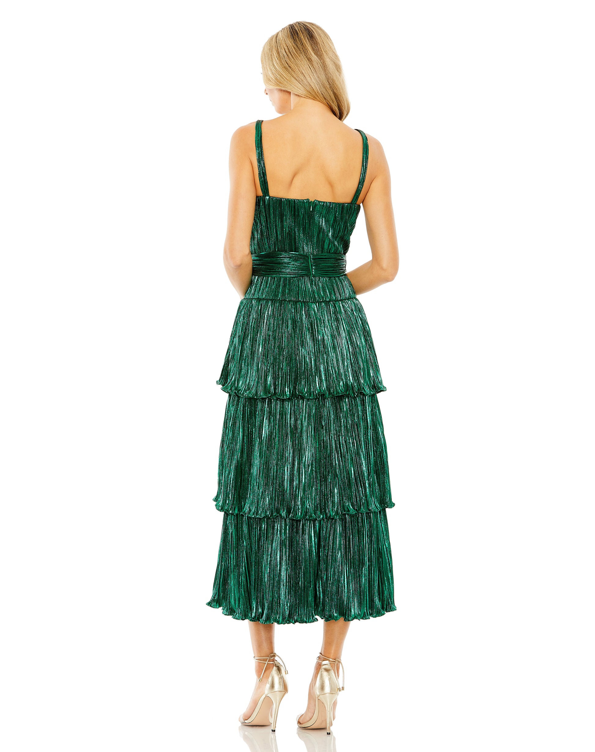Mac Duggal 27062 A Line Pleated Metallic Tea Length Cocktail Dress