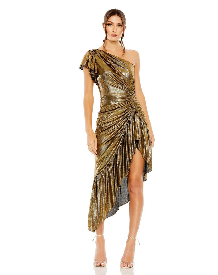 Cocktail Dresses One Shoulder Flutter Sleeve High Low Dress Antique Gold