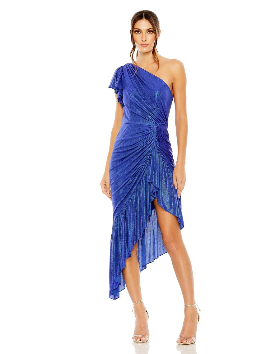 Cocktail Dresses One Shoulder Flutter Sleeve High Low Dress Cobalt
