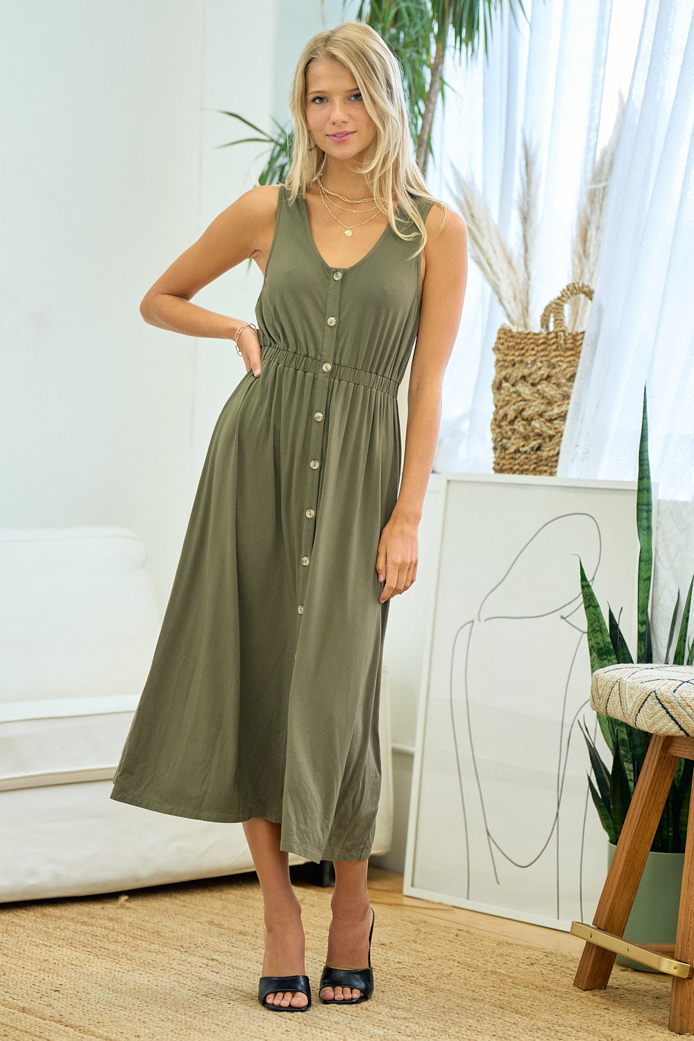 Cocktail Dresses Sleeveless Button Down Midi Length Dress Olive