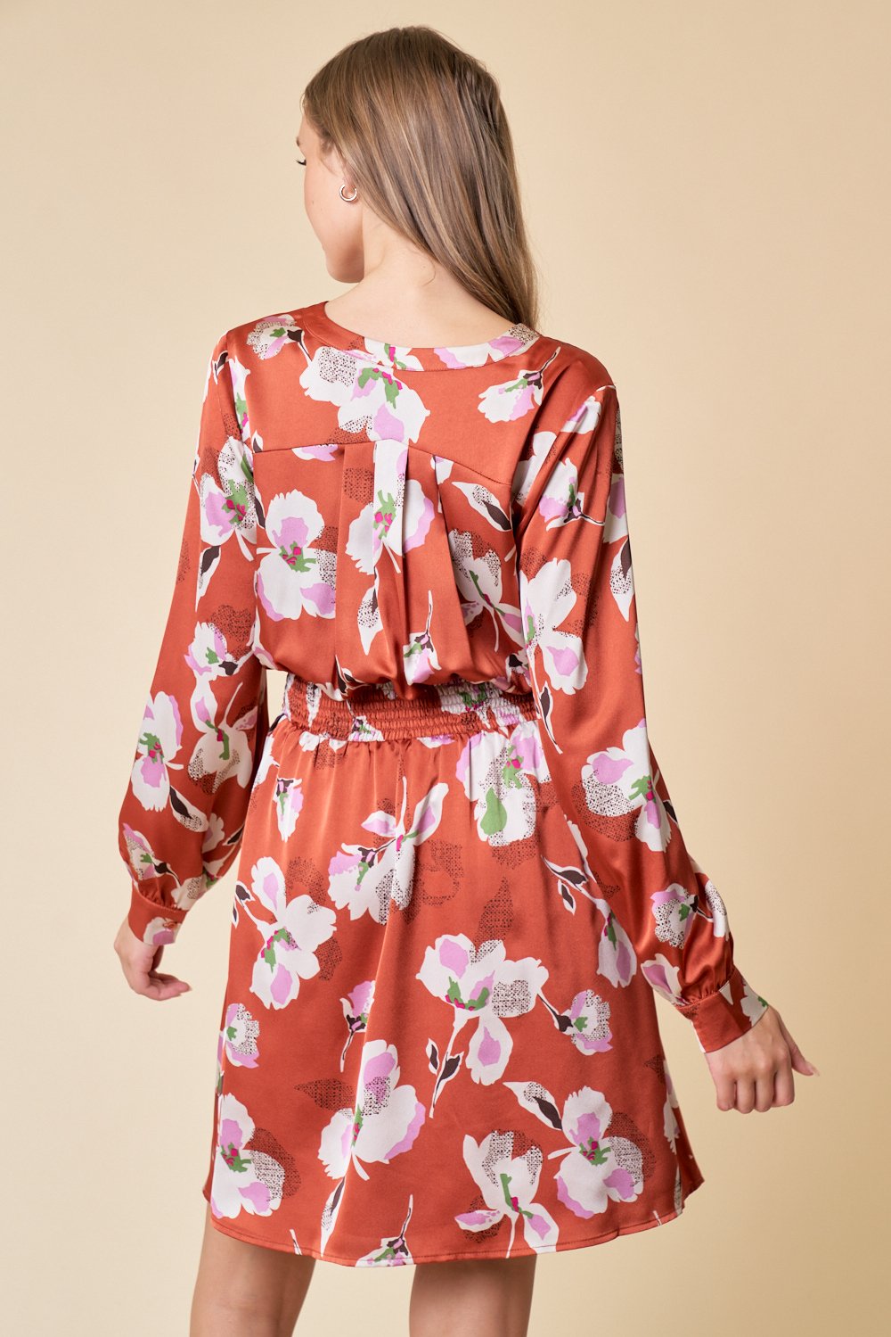 Cocktail Dresses Long Sleeve Floral Smocked Waist Shirred Dress Ginger Spice