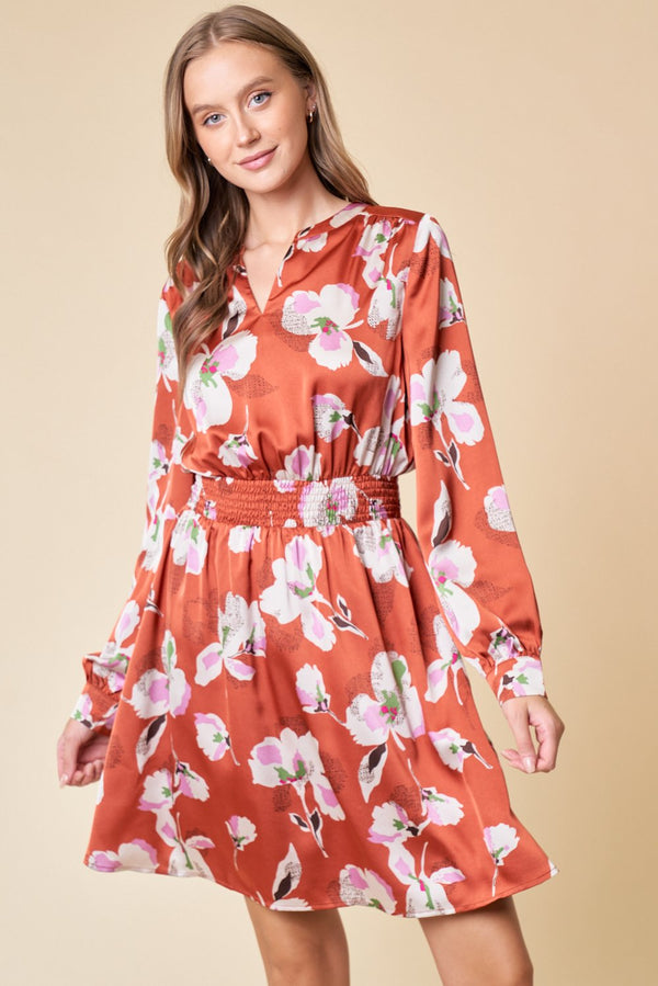 Long Sleeve Floral Smocked Waist Shirred Dress