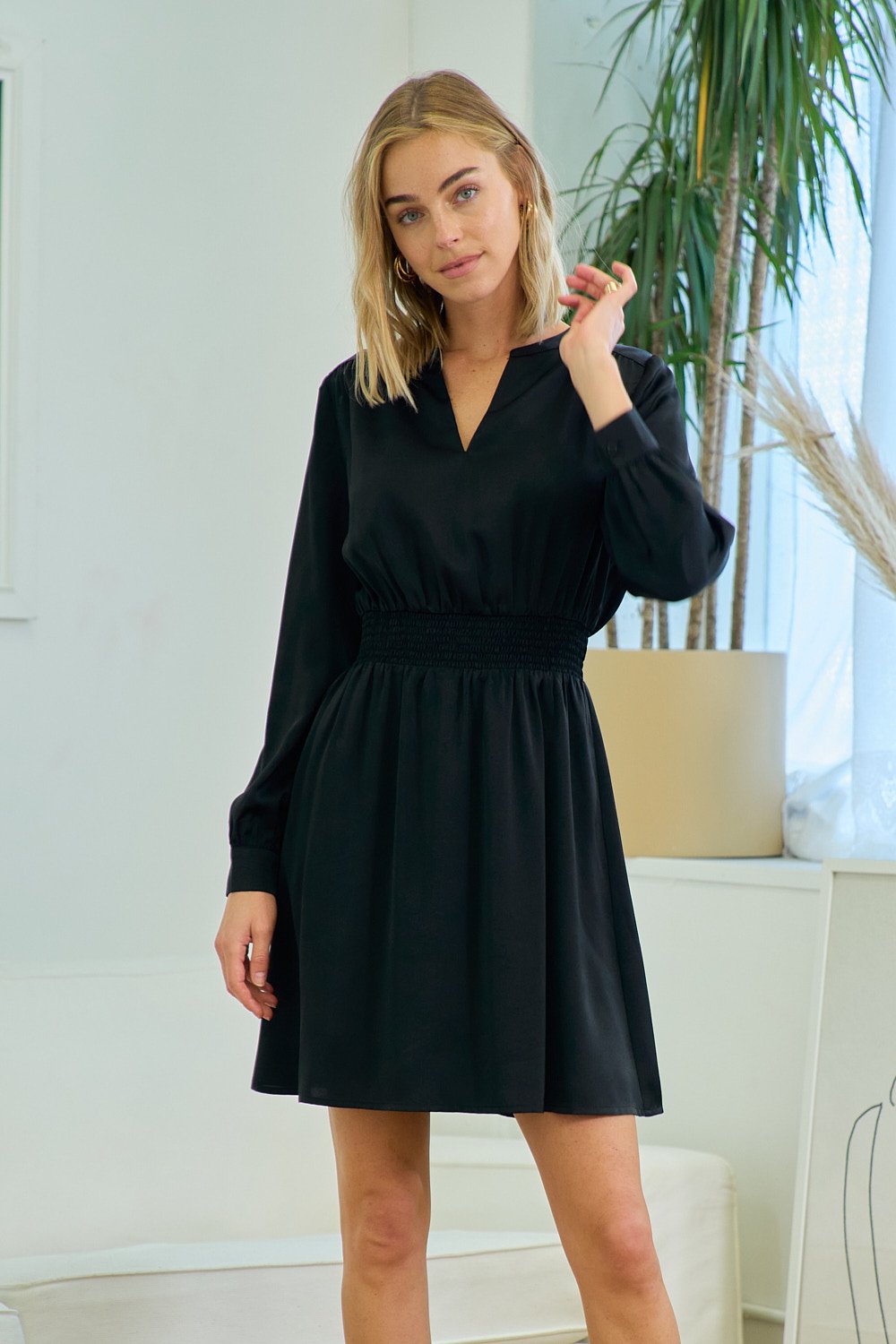 Cocktail Dresses Long Sleeve Smocked Waist Shirred Short Dres Black