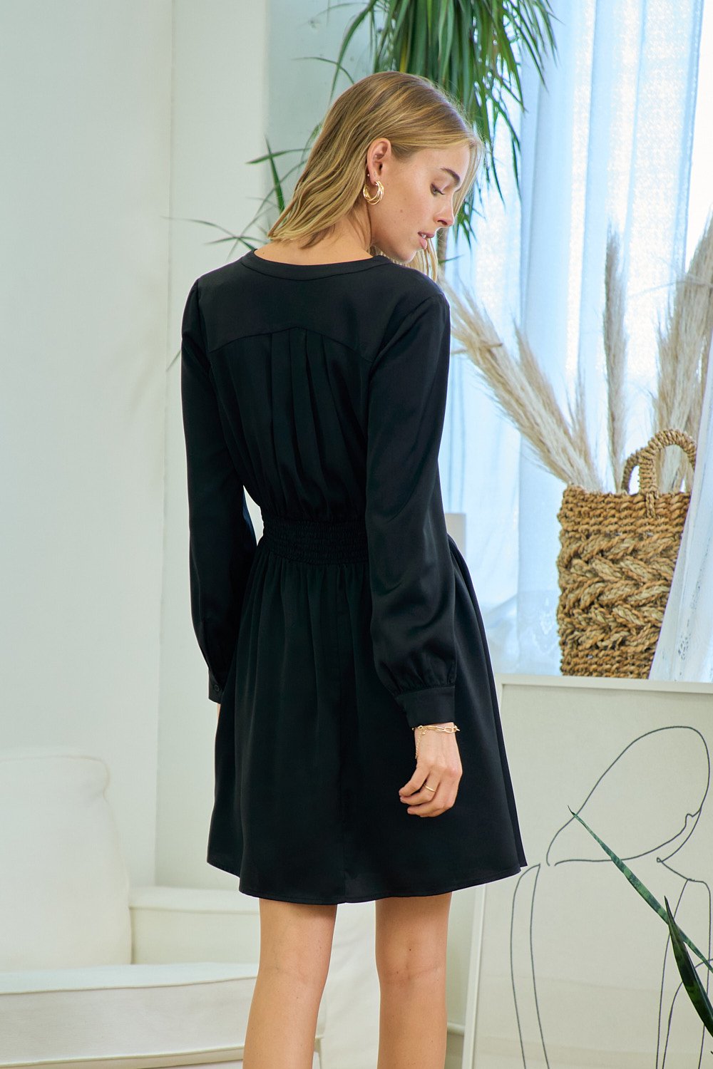 Cocktail Dresses Long Sleeve Smocked Waist Shirred Short Dres Black