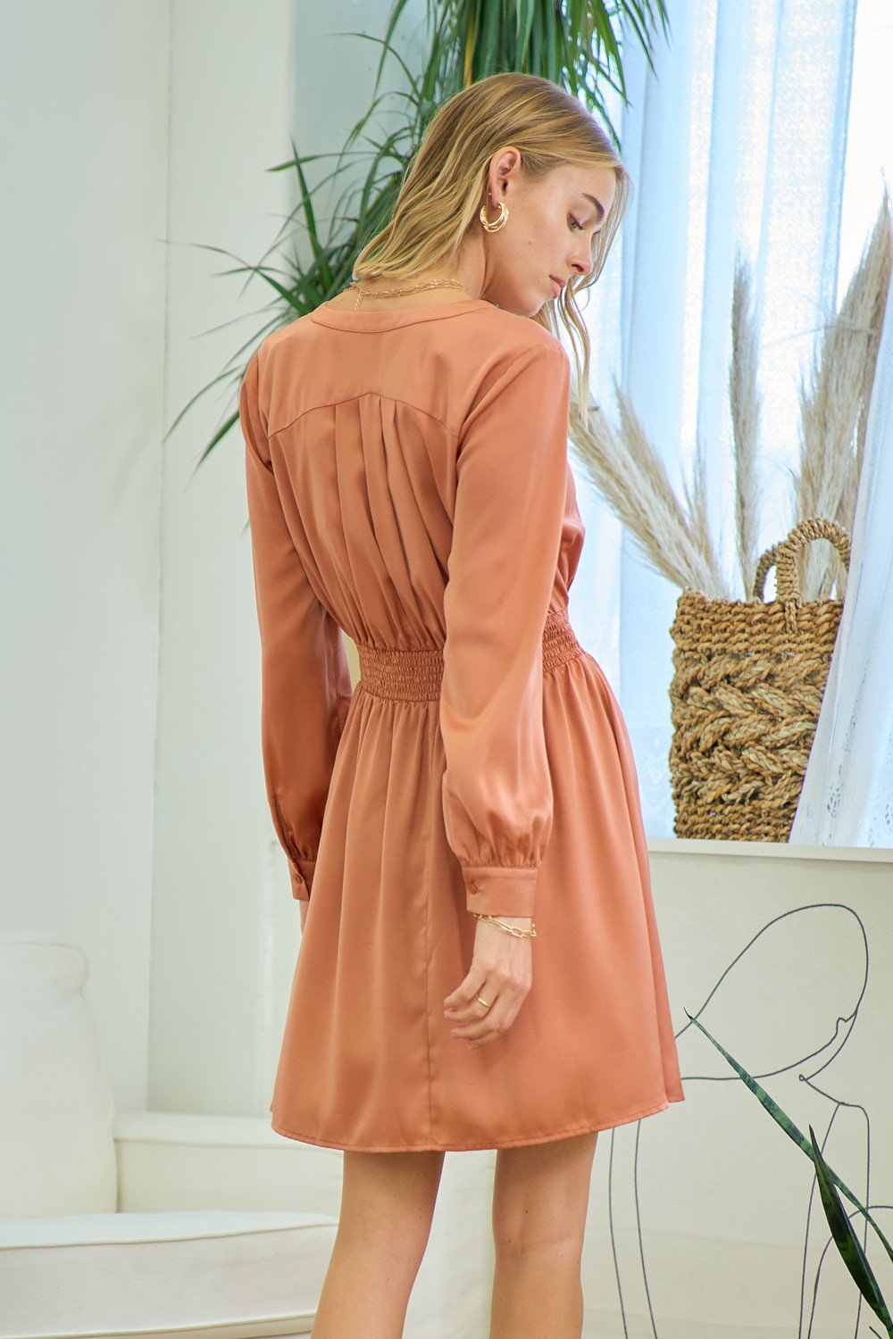 Cocktail Dresses Long Sleeve Smocked Waist Shirred Short Dres Dusty Rose