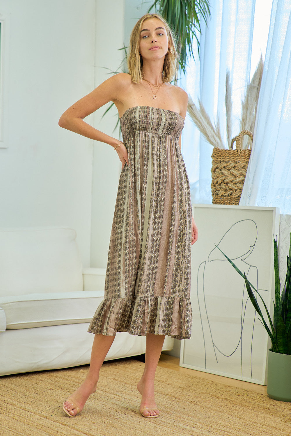 Cocktail Dresses Strapless Printed Midi Length Dress Taupe