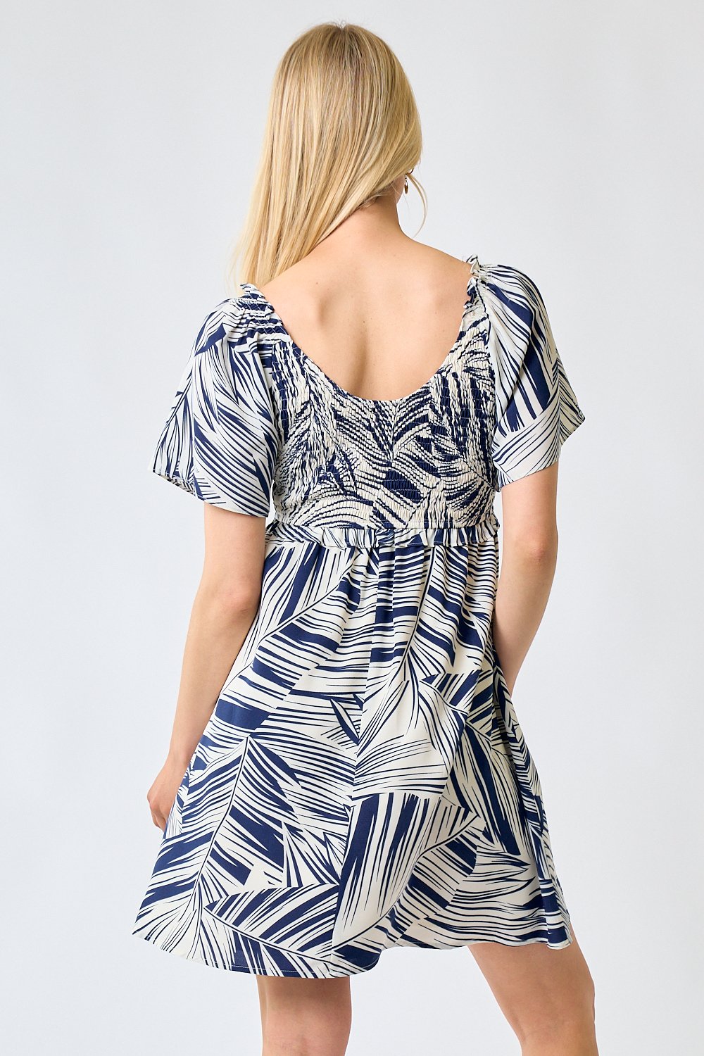 Cocktail Dresses Short Smocked Bodice Floral Dress Navy