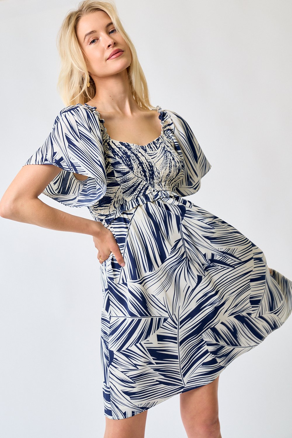 Cocktail Dresses Short Smocked Bodice Floral Dress Navy