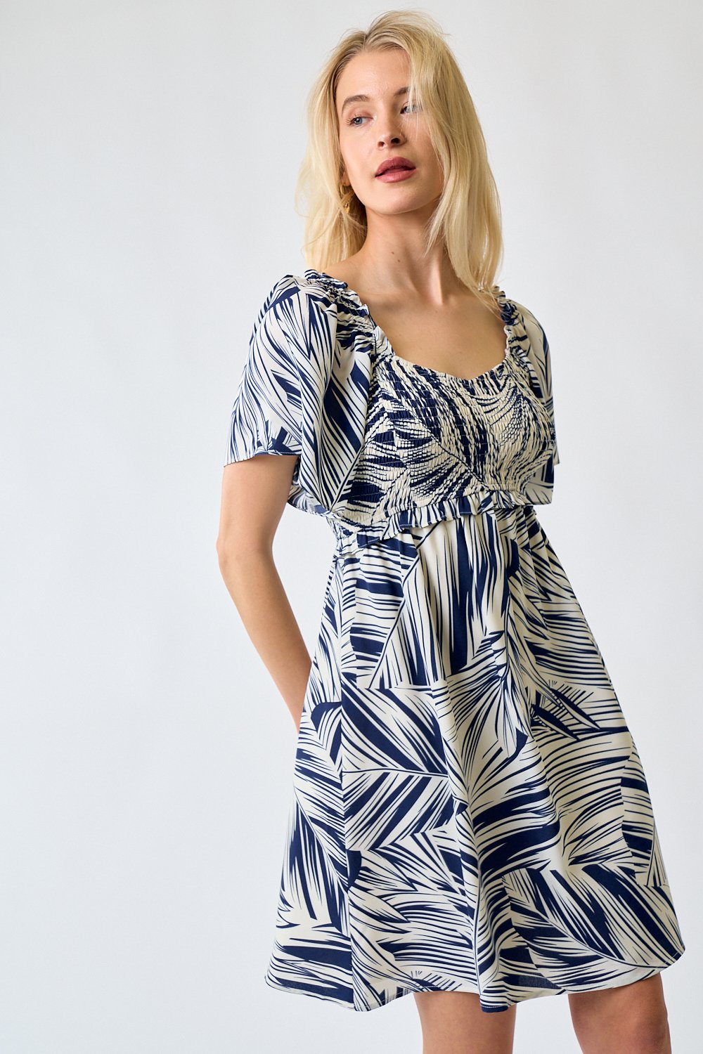 Cocktail Dresses Short Smocked Bodice Floral Dress Navy