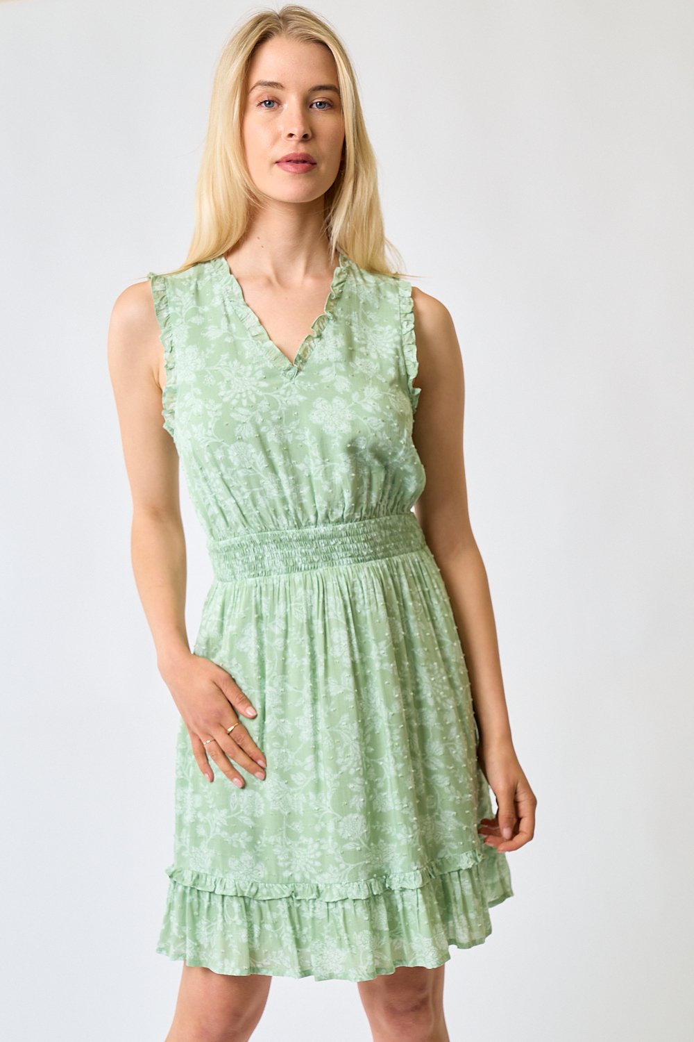 Cocktail Dresses Short Sleeveless V Neck Floral Dress Lt. Green