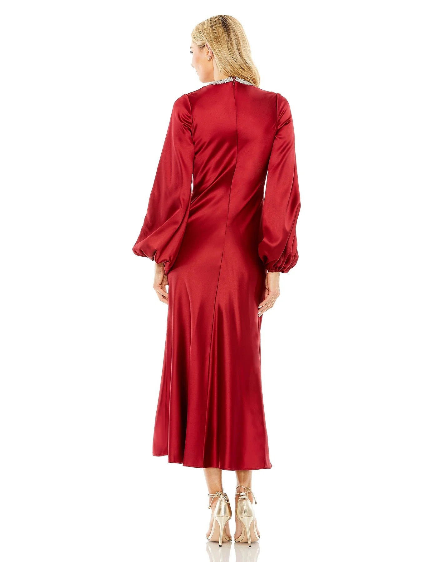 Mac Duggal 27350 Long Sleeve Satin Tea Length Dress
