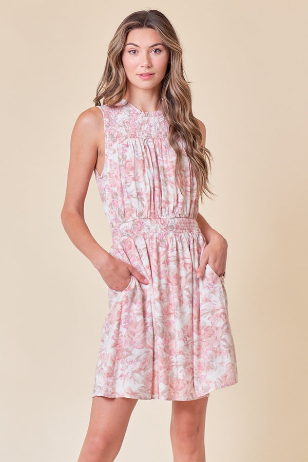 Short Sleeveless Floral Pocket Dress