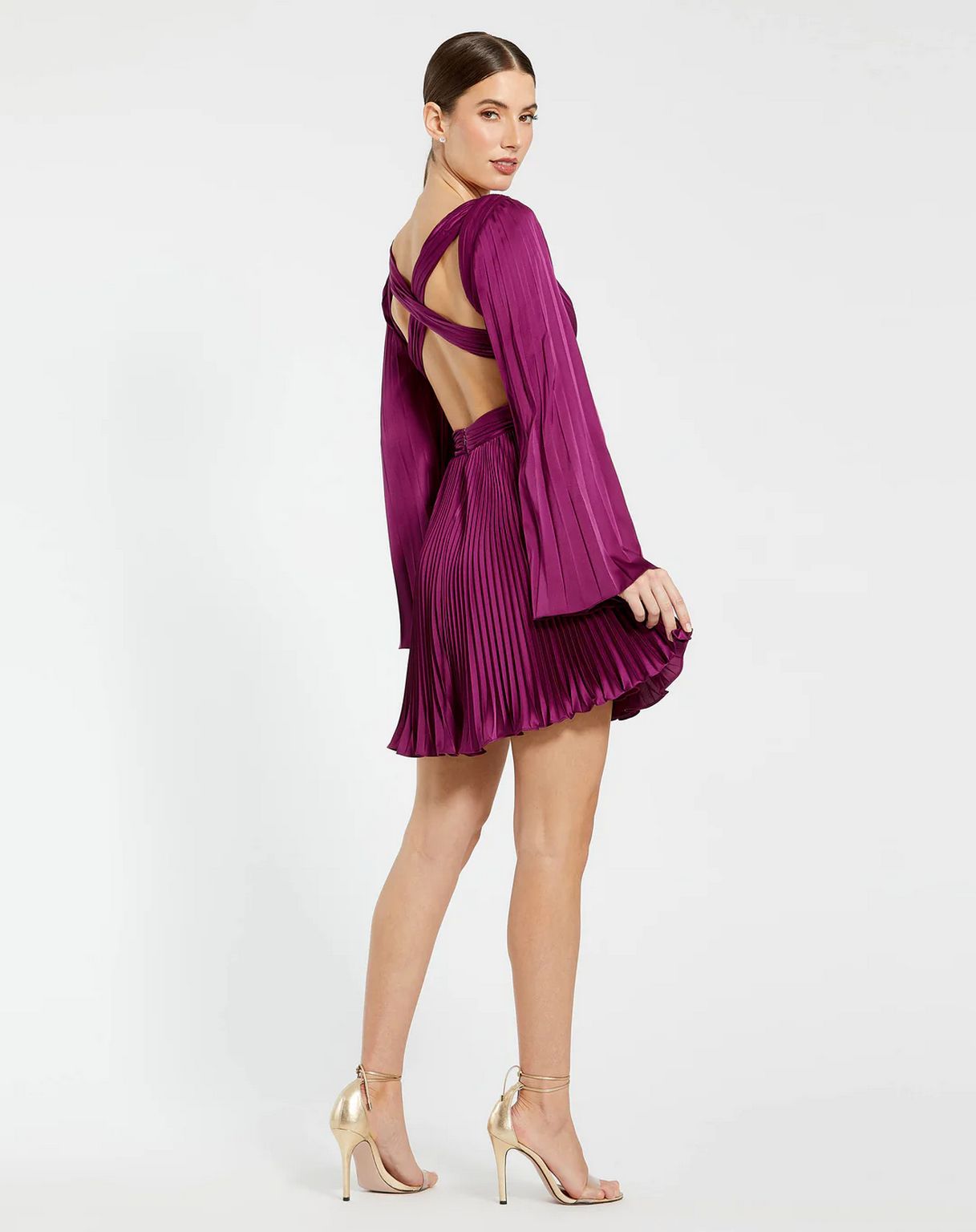 Mac Duggal 27379 Long Bell Sleeve Pleated Short Dress