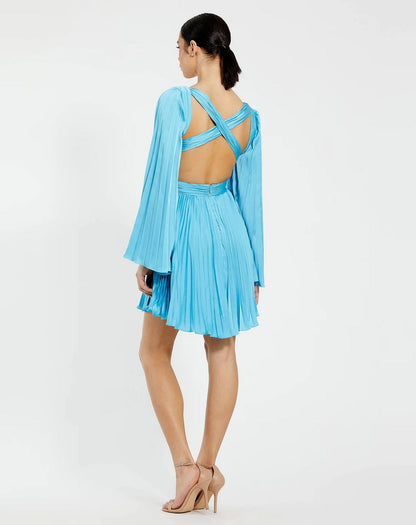 Cocktail Dresses Long Bell Sleeve Pleated Short Dress Turquoise
