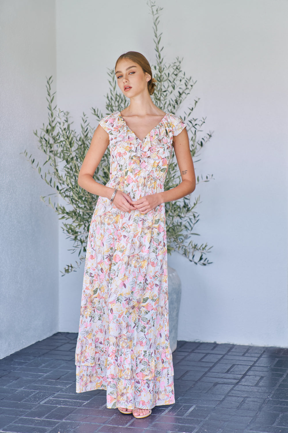Doe and Rae 27423D Long V Neck Ruffle Floral Maxi Dress The Dress Outlet