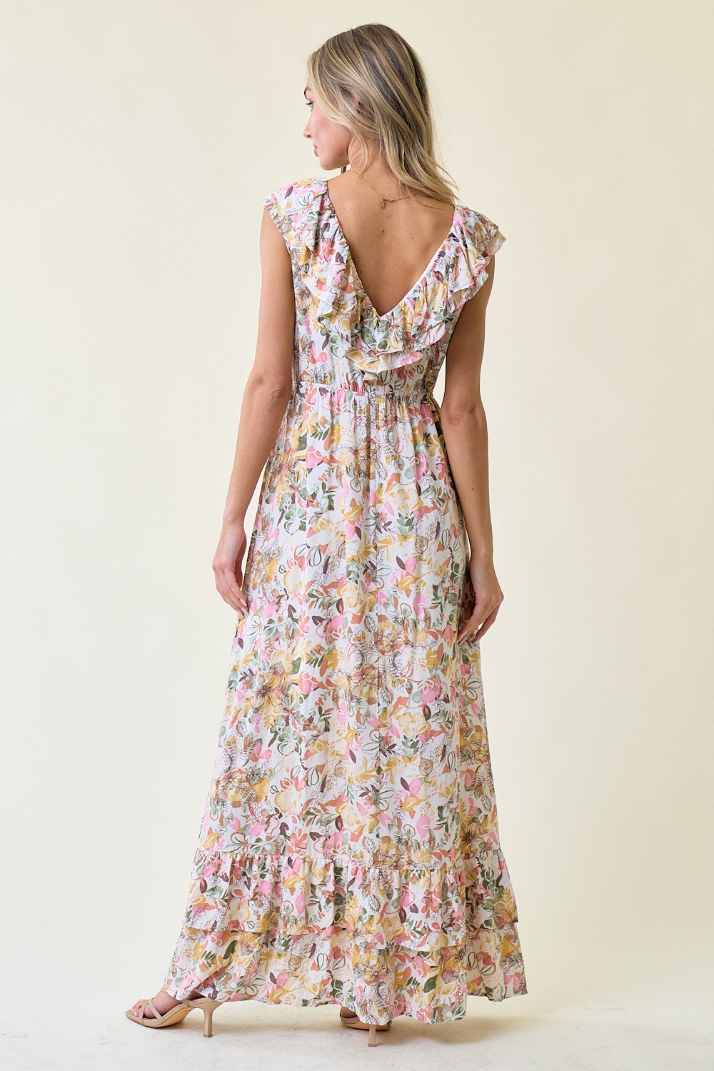 Doe and Rae 27423D Long V Neck Ruffle Floral Maxi Dress The Dress Outlet