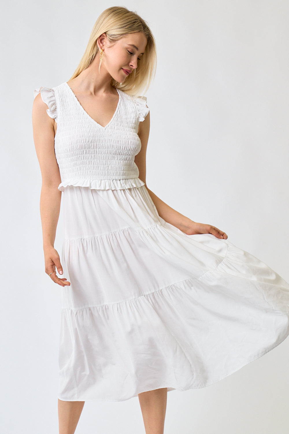 Cocktail Dresses Cap Sleeve Smocked Bodice Midi Length Dress Off White