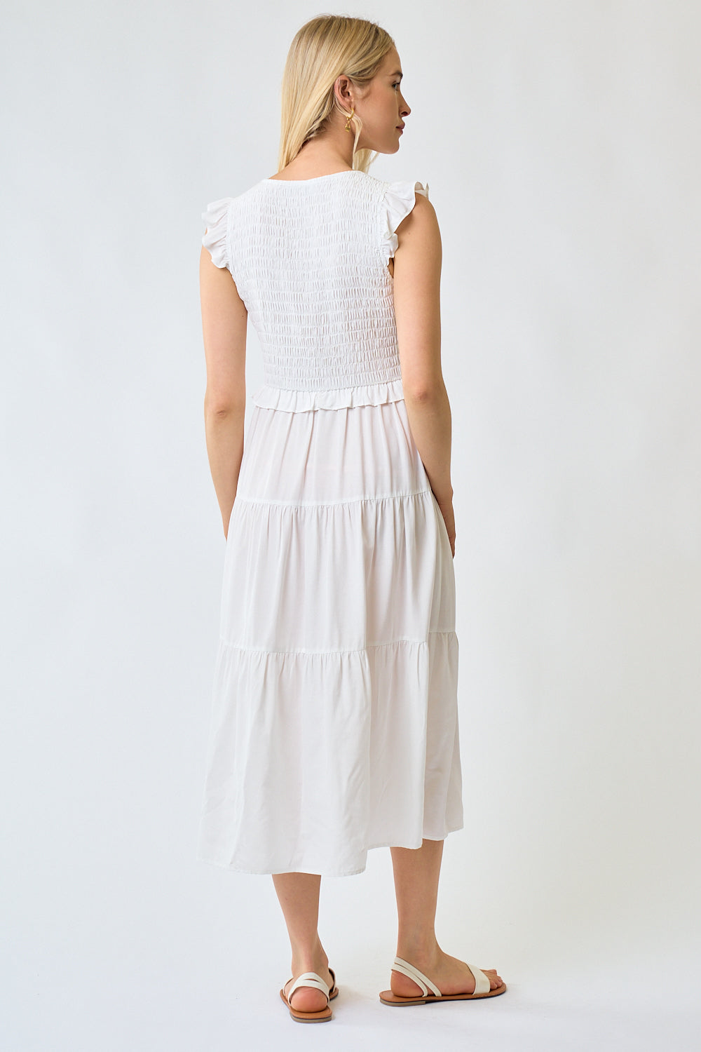 Cocktail Dresses Cap Sleeve Smocked Bodice Midi Length Dress Off White