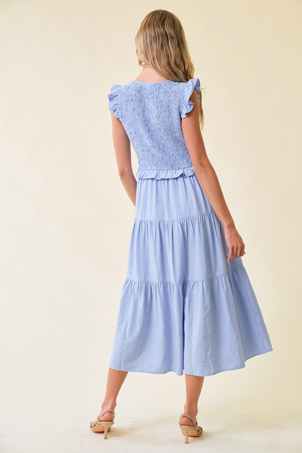 Cocktail Dresses Cap Sleeve Smocked Bodice Midi Length Dress Powder Blue