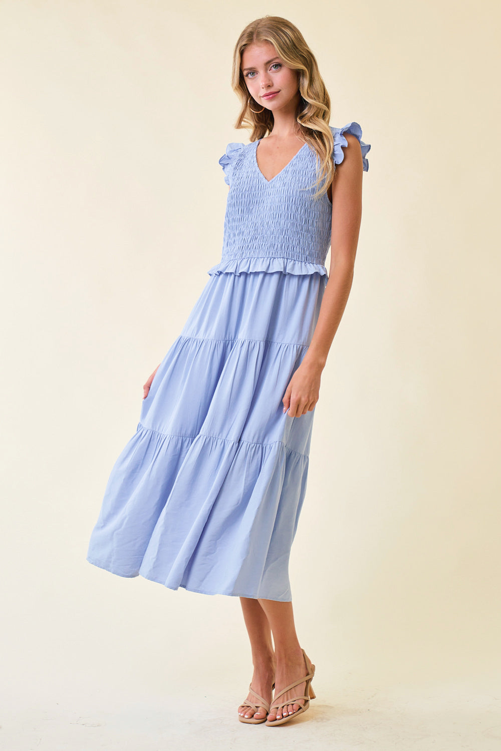 Cocktail Dresses Cap Sleeve Smocked Bodice Midi Length Dress Powder Blue