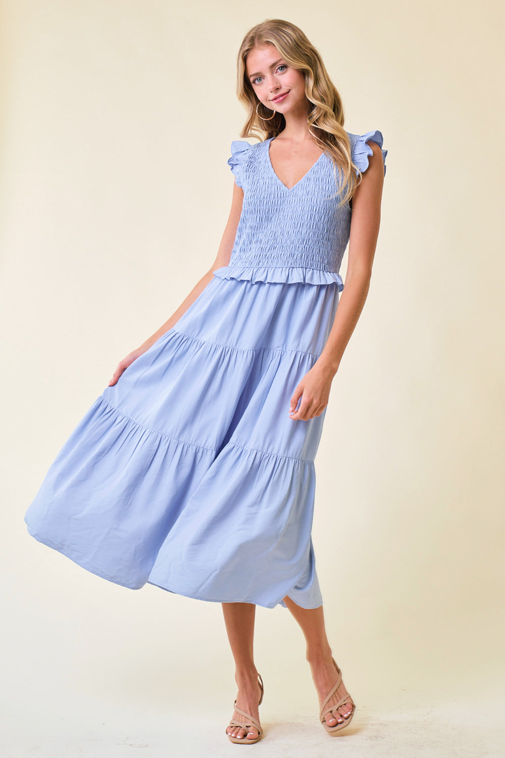 Cocktail Dresses Cap Sleeve Smocked Bodice Midi Length Dress Powder Blue