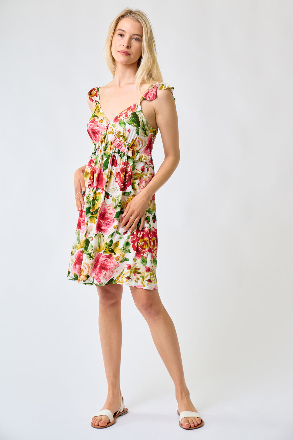 Cocktail Dresses Short Floral Ruffled Sleeveless Mini Dress Neutral Floral Print