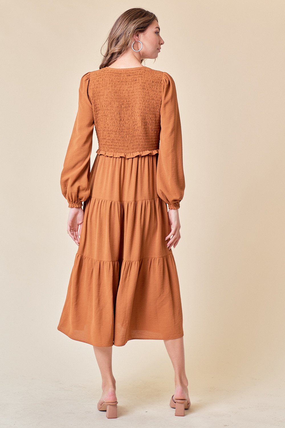 Cocktail Dresses Long Sleeve Tiered Midi Length Dress Copper