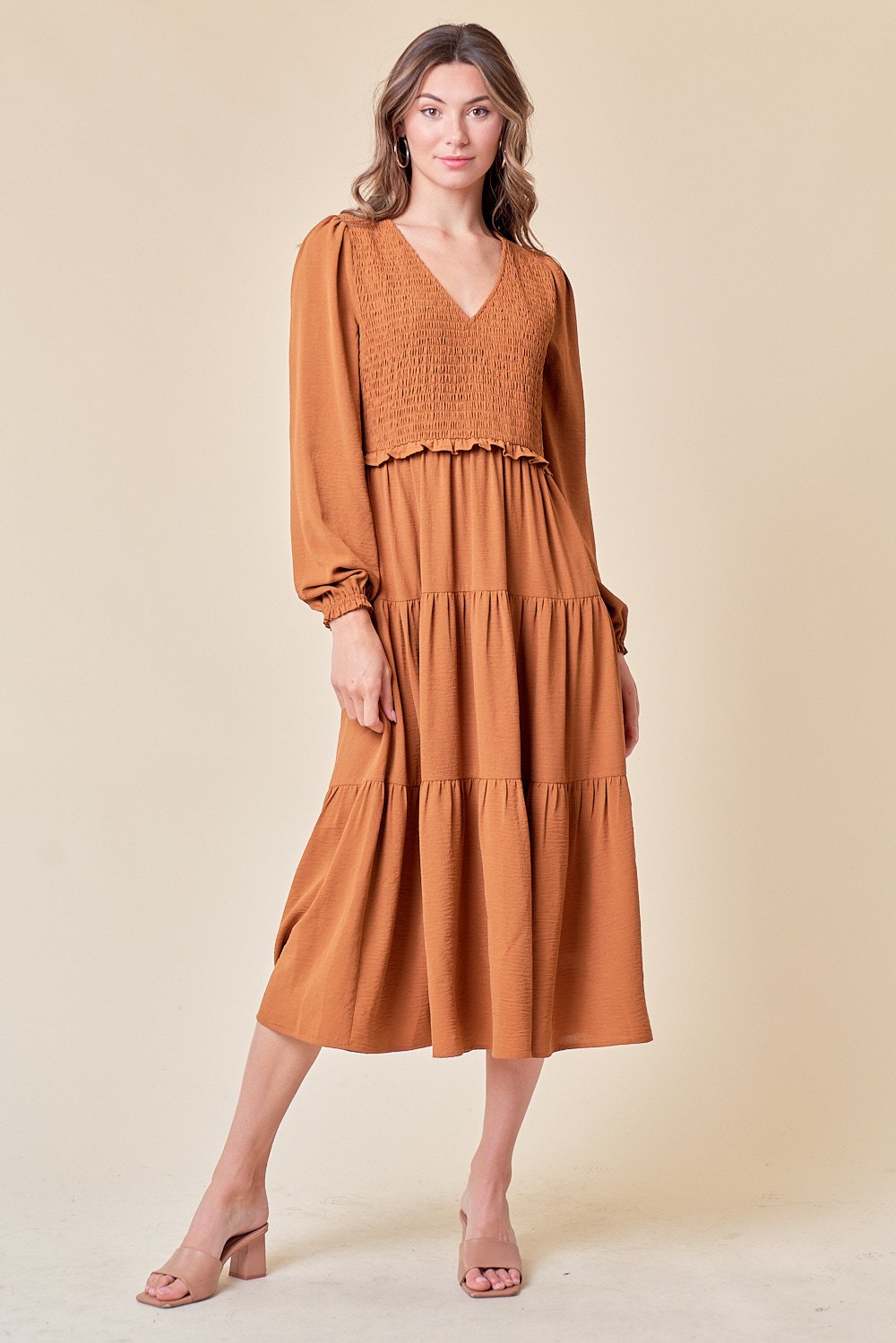 Cocktail Dresses Long Sleeve Tiered Midi Length Dress Copper