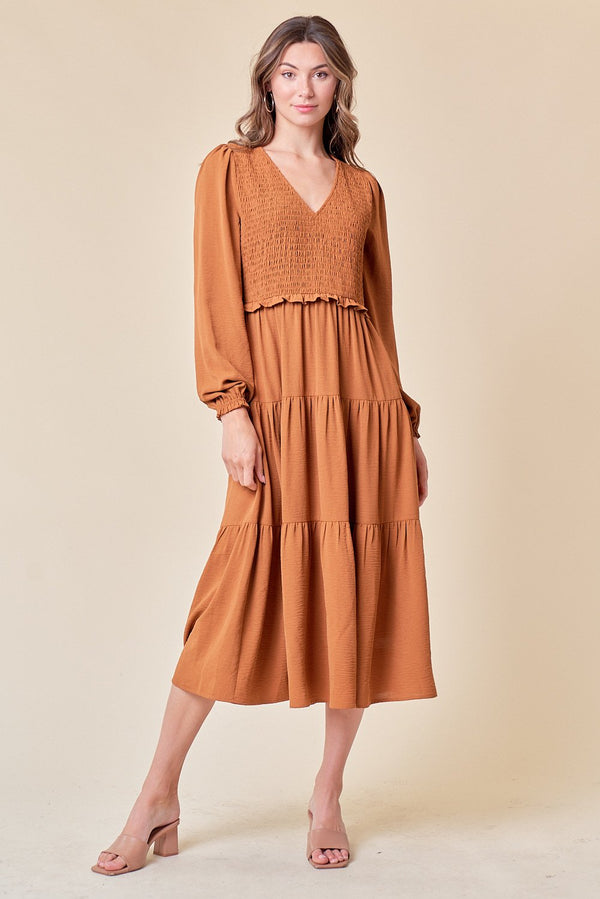 Long Sleeve Tiered Midi Length Dress