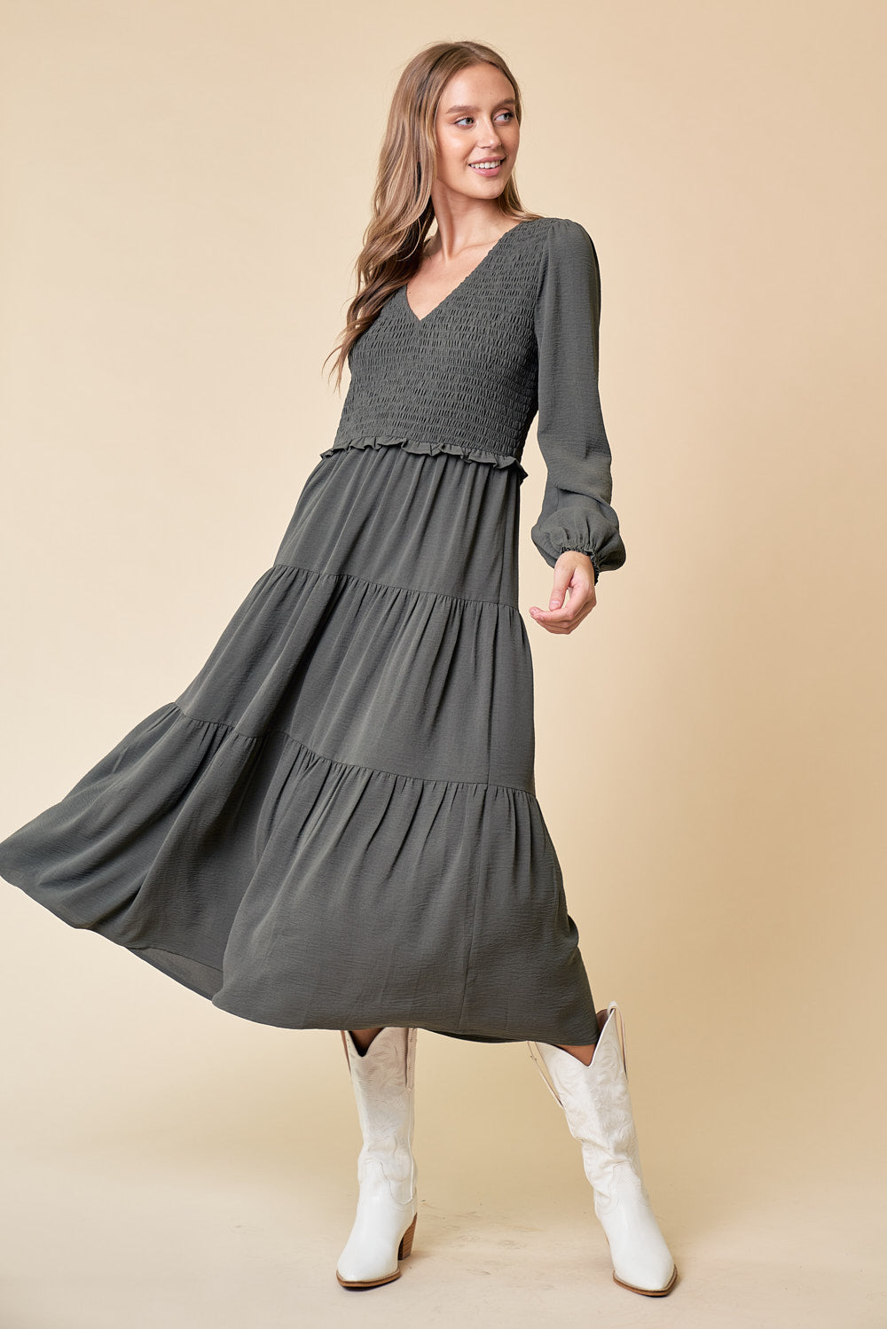 Cocktail Dresses Long Sleeve Tiered Midi Length Dress Olive