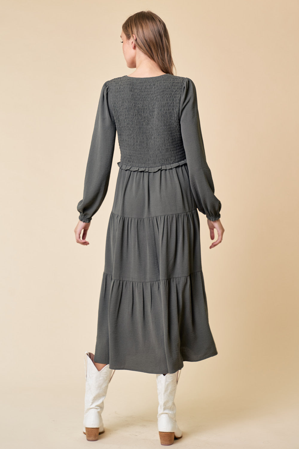 Cocktail Dresses Long Sleeve Tiered Midi Length Dress Olive
