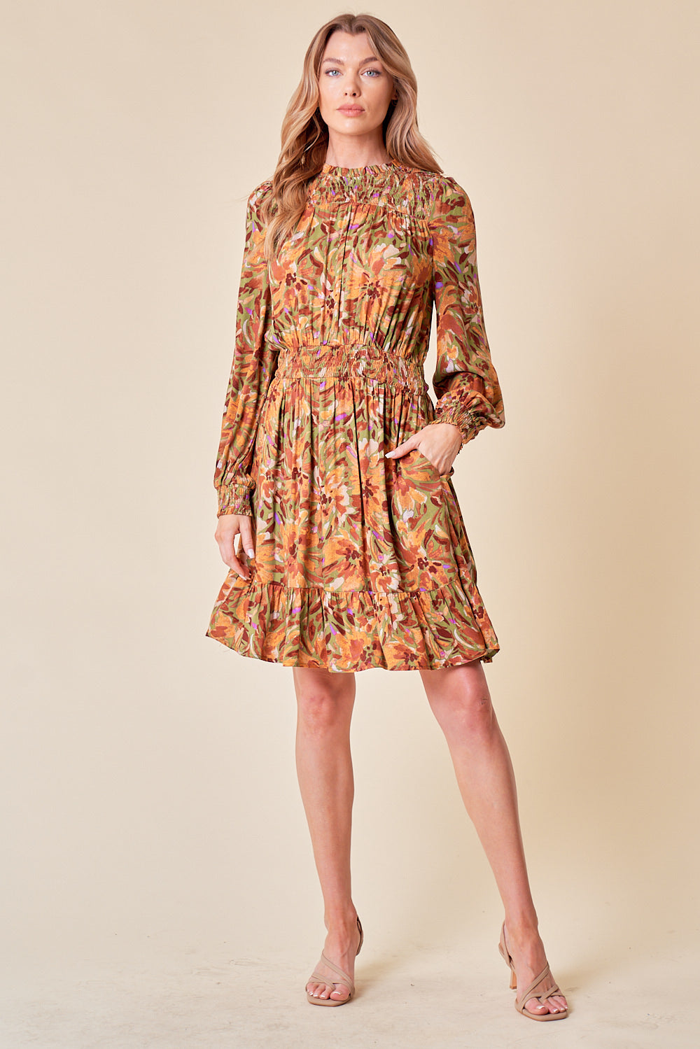 Cocktail Dresses Long Sleeve Floral Frilled Neck Short Dress Moss