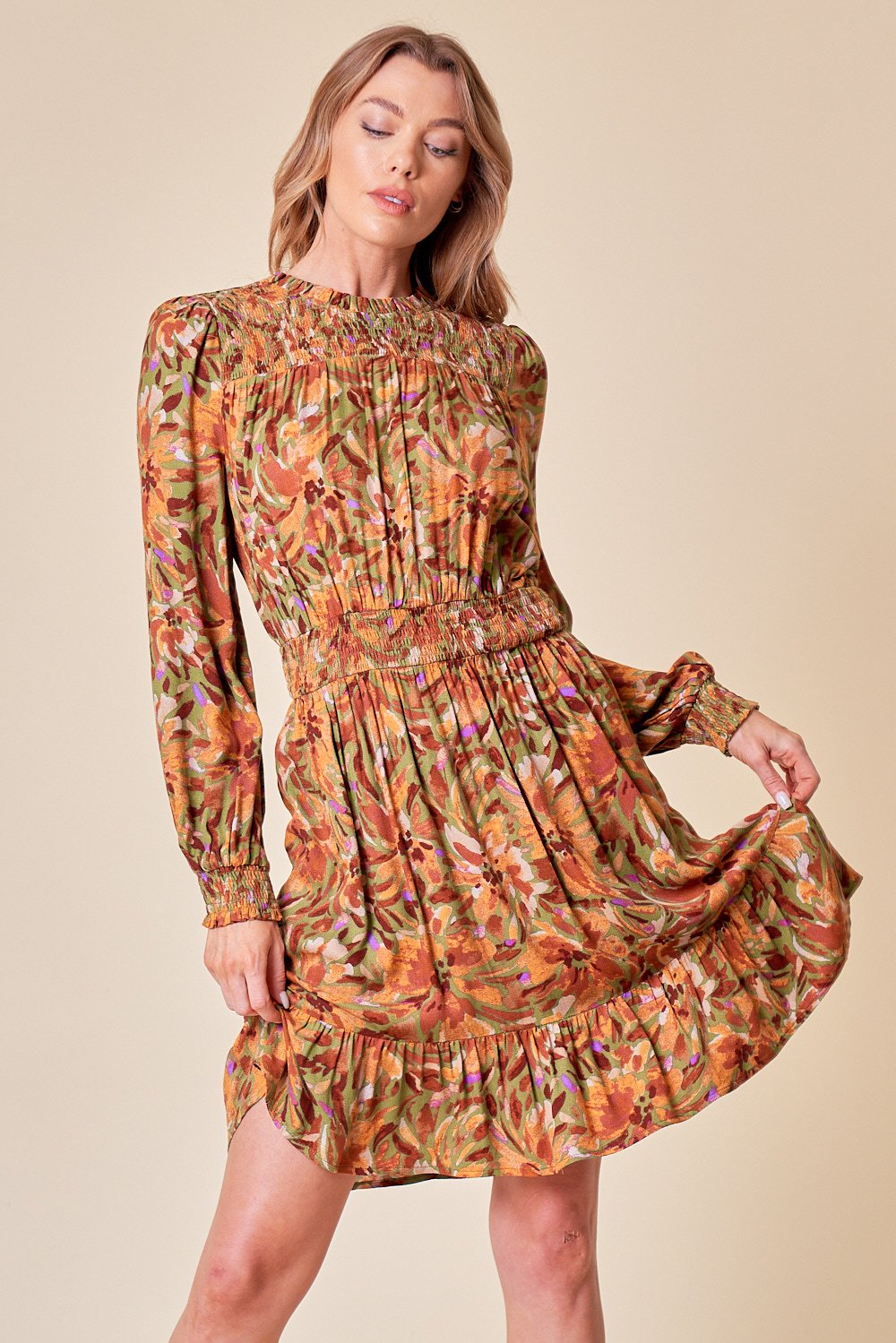 Cocktail Dresses Long Sleeve Floral Frilled Neck Short Dress Moss