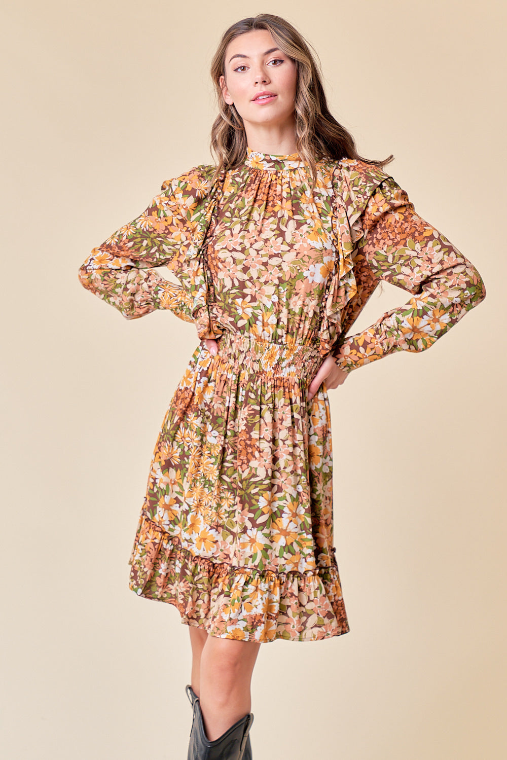 Cocktail Dresses  Long Sleeve Ruffle Floral Short Dress  Chocolate