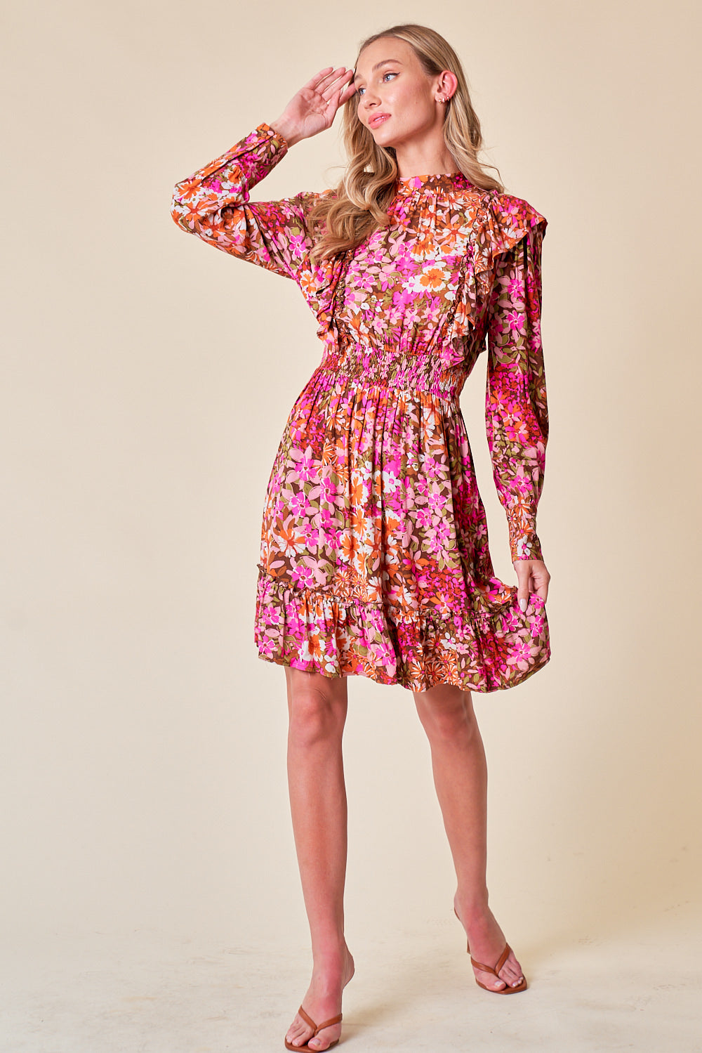 Cocktail Dresses  Long Sleeve Ruffle Floral Short Dress  Pink