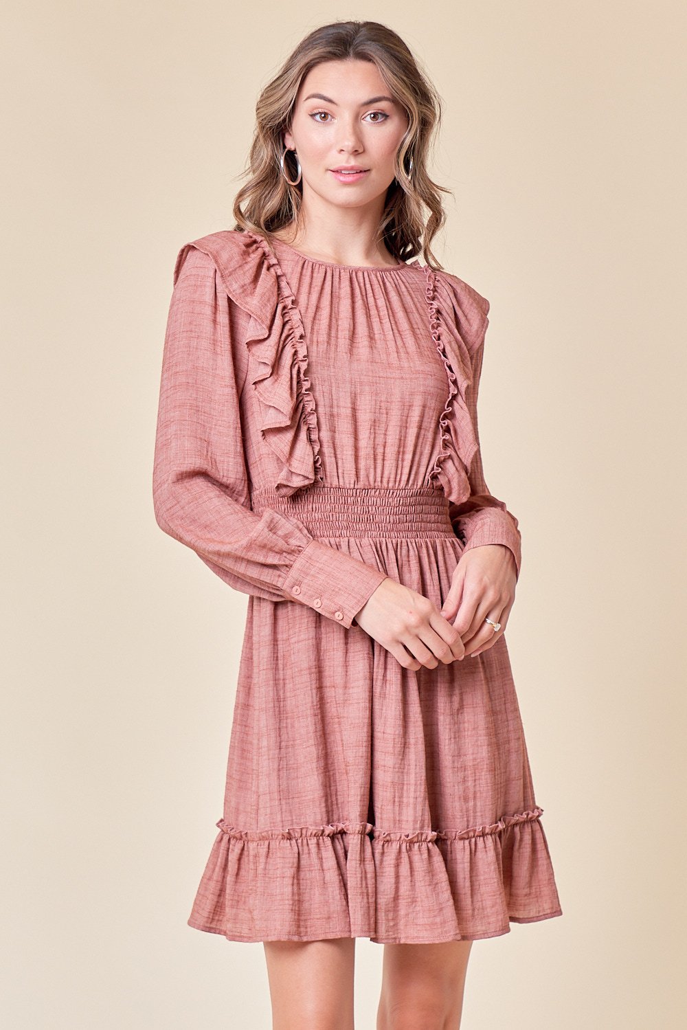 Cocktail Dresses Long Sleeve Ruffle Short Dress Almond
