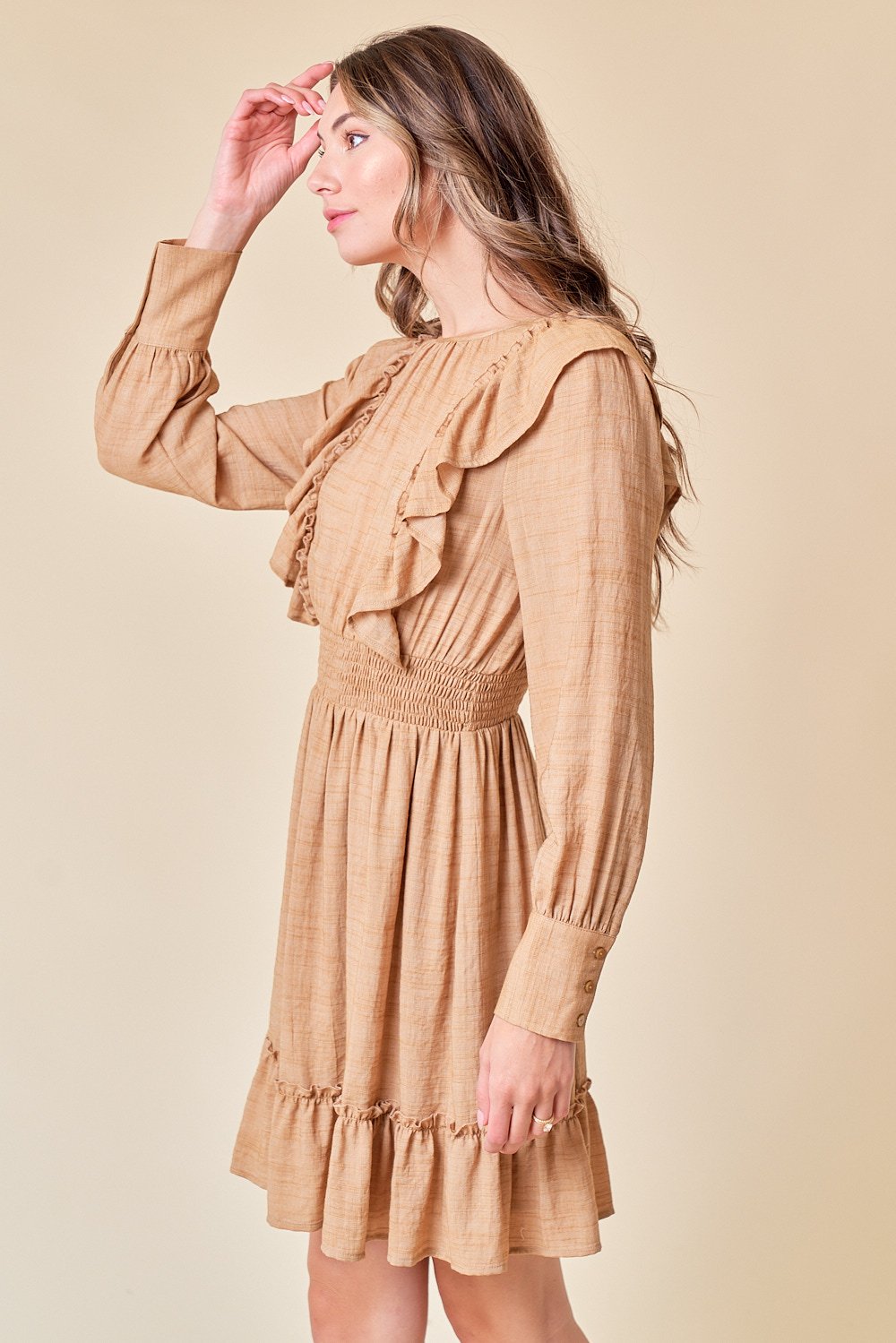 Cocktail Dresses Long Sleeve Ruffle Short Dress Sand