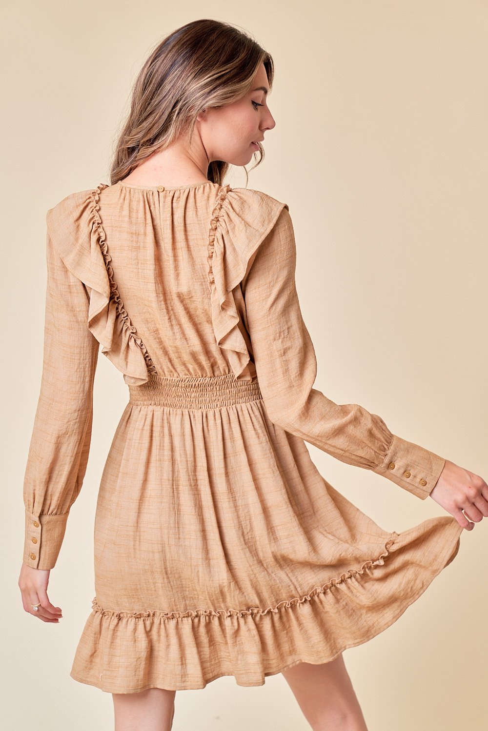 Cocktail Dresses Long Sleeve Ruffle Short Dress Sand