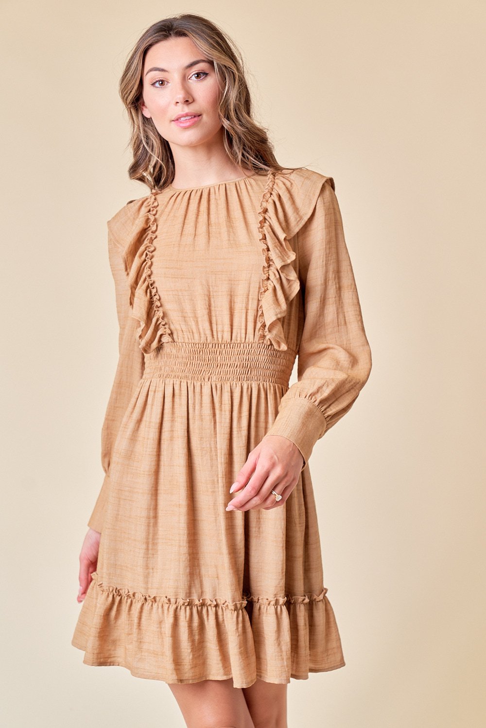 Cocktail Dresses Long Sleeve Ruffle Short Dress Sand