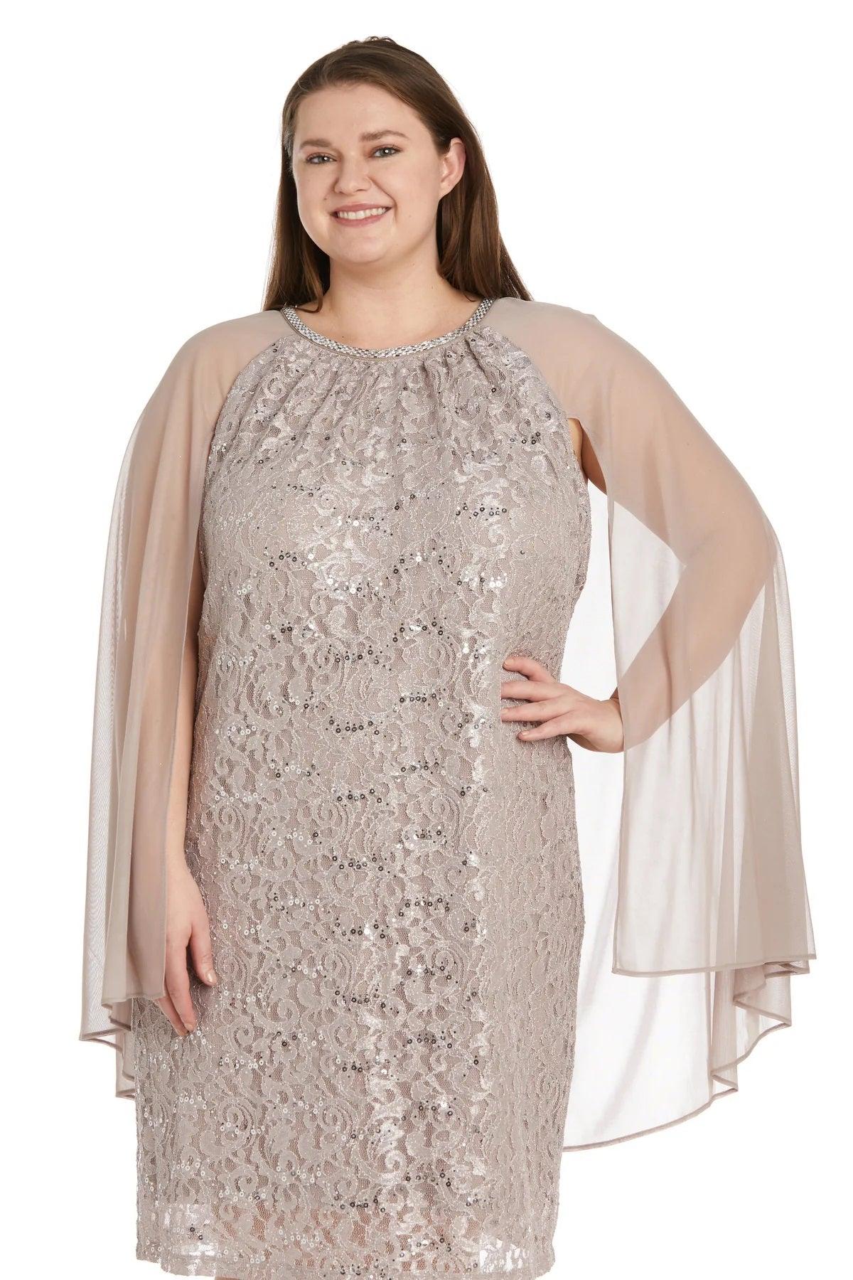 R&M Richards 2808W Plus Size Short Glitter Lace Cape Dress