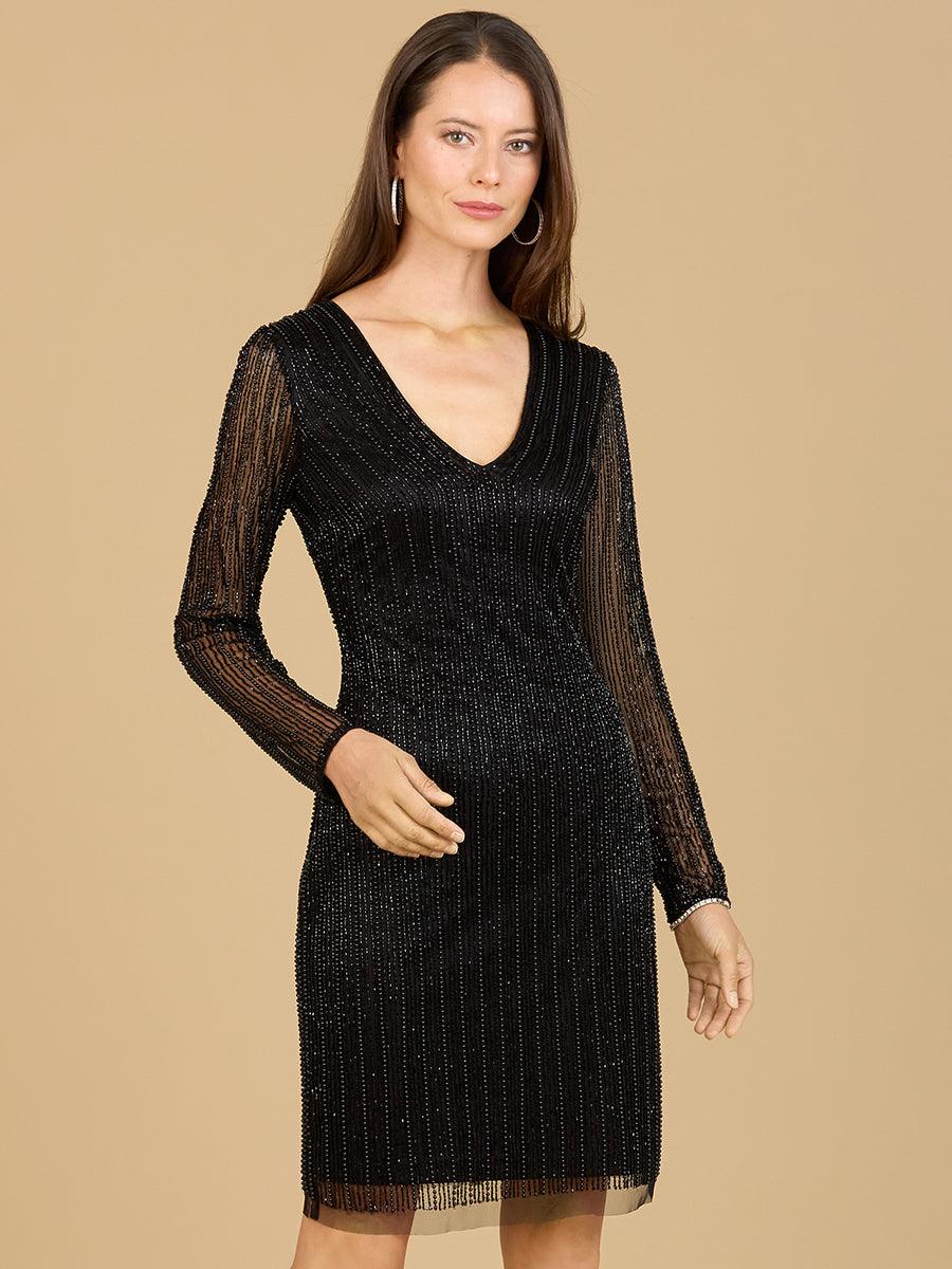 Classic V-Neck Beaded Long Sleeve Cocktail Dress Silver / 22